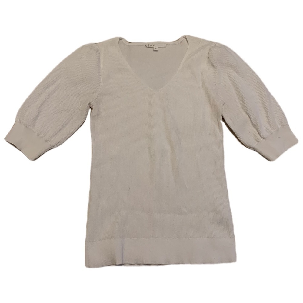 Cleo White V-Neck Ribbed Knit Puff Sleeve Top - Size S/P